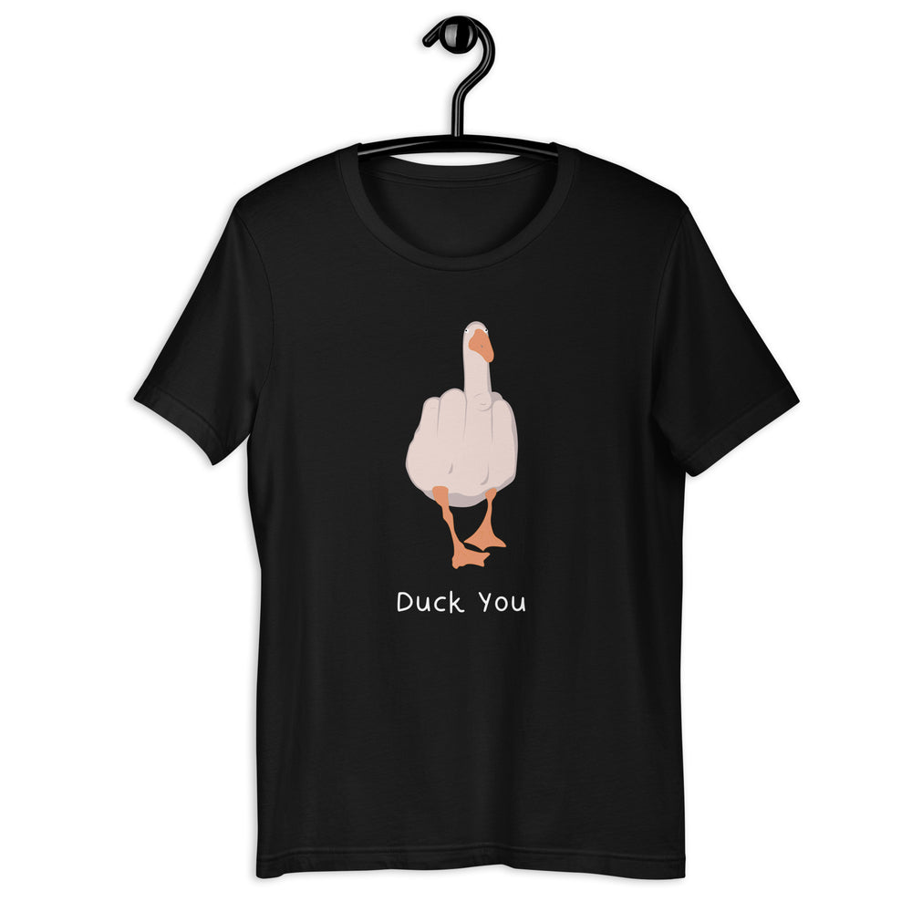 Funny Duck you T-shirt The "Duck you" T-shirt is a bold and cheeky statement piece that adds a touch of humor and attitude to your wardrobe. The shirt features a clever play on words, using a cute duck illustration in place of a certain expletive, making it suitable for those who enjoy a bit of edgy humor.