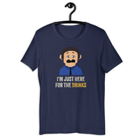 Load image into Gallery viewer, The "I'm Just Here for the Drinks" Awkward Puppets Diego T-shirt is a playful and humorous way to showcase the carefree and party-loving spirit of Diego from the Awkward Puppets series. This t-shirt features a fun and vibrant design that prominently displays Diego along with the humorous phrase, "I'm Just Here for the Drinks."
